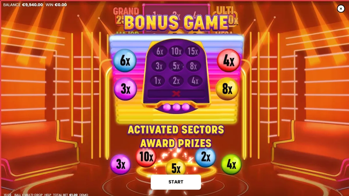 Ball X Multi-Drop slot game interface na may neon fruits at jackpot banners